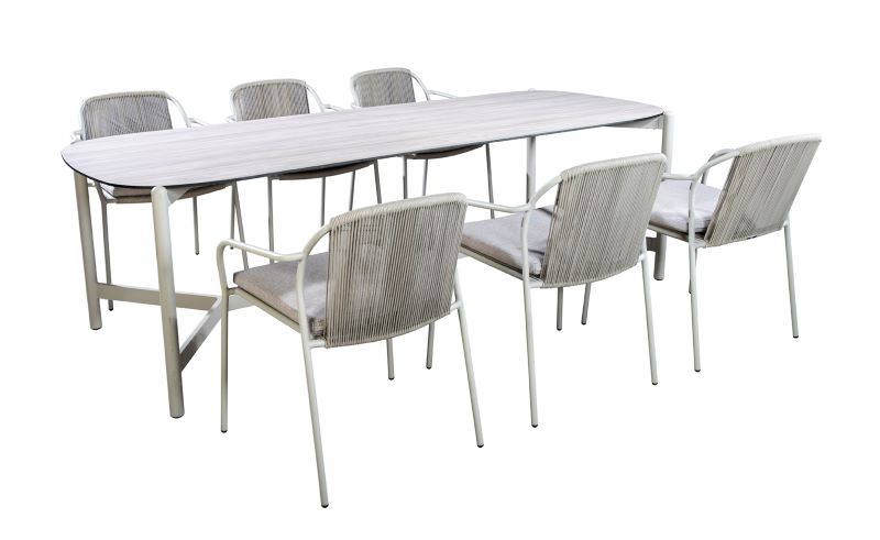 2024 YOI Vedella dining set Salix flax beige 6 x Vedella arm chair 1 x Vedella dining table 244 x 95 cm salix HPL wood decor