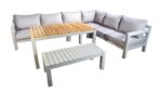 2024 YOI Midori cornerset XL 340 x 260 cm low dining table 148 x 90 cm teak top sport bench alu Salix flax beige